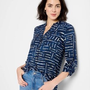 NWT Nic & Zoe Indigo Dash Live - in Shirt Sz M Band Collar Blues Cream Black